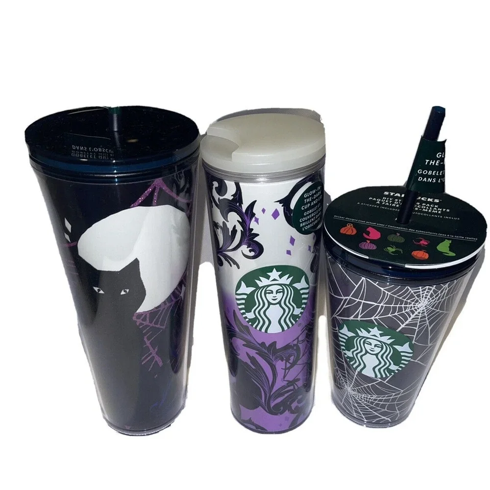 2021 STARBUCKS HALLOWEEN 3 CUP BUNDLE! Glow In The‎ Dark Spiderweb and Black Cat