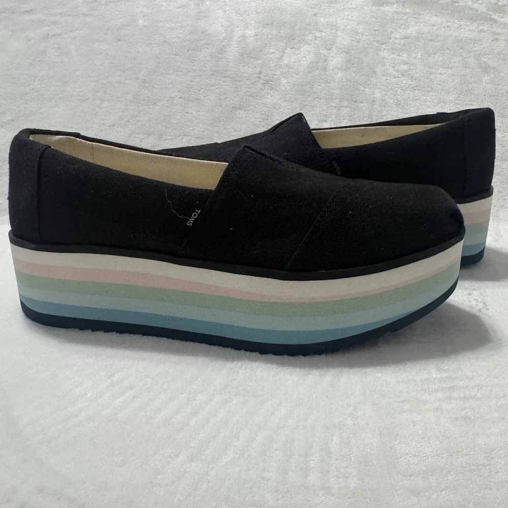 TOMS Alpargata Platform Shoes Rainbow Sole Black Canvas Women's Size 7