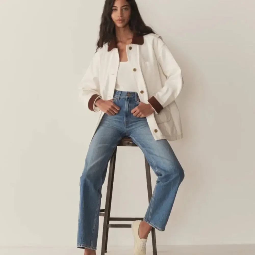NWT Doen Pascual Cotton Denim Jean Corduroy Collar Button Barn Jacket Salt White