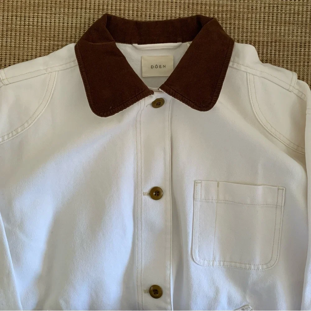 NWT Doen Pascual Cotton Denim Jean Corduroy Collar Button Barn Jacket Salt White