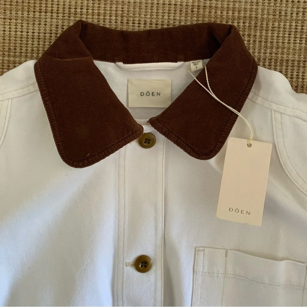NWT Doen Pascual Cotton Denim Jean Corduroy Collar Button Barn Jacket Salt White