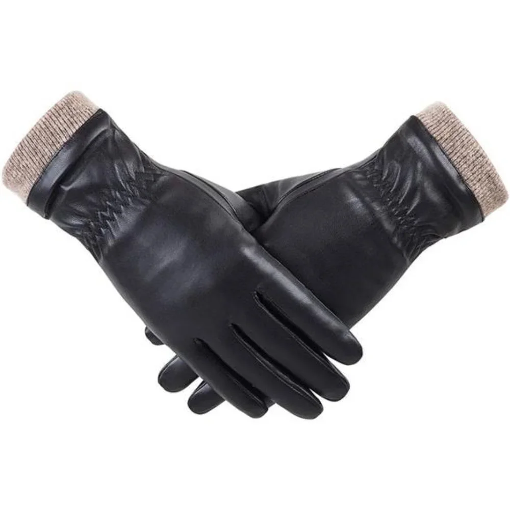 Black Leather Knit Winter‎ Gloves Wool Fleece Lined Warm Touchscreen Gloves