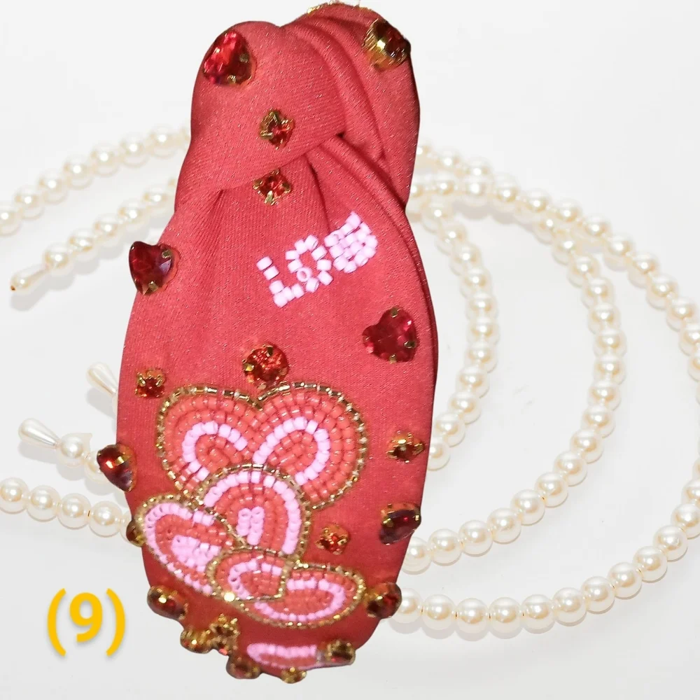 Olivia M Valentine Beaded Love Heart Headband Rhinestone Cushion Topknot New