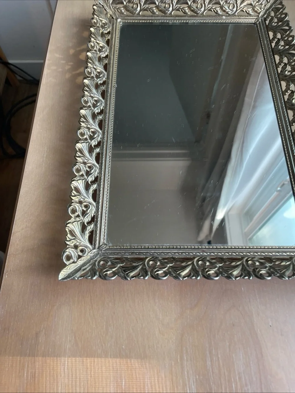 Vintage Brass Gold Filigree Vanity Mirror Tray 15x10” Standing Wall Decor