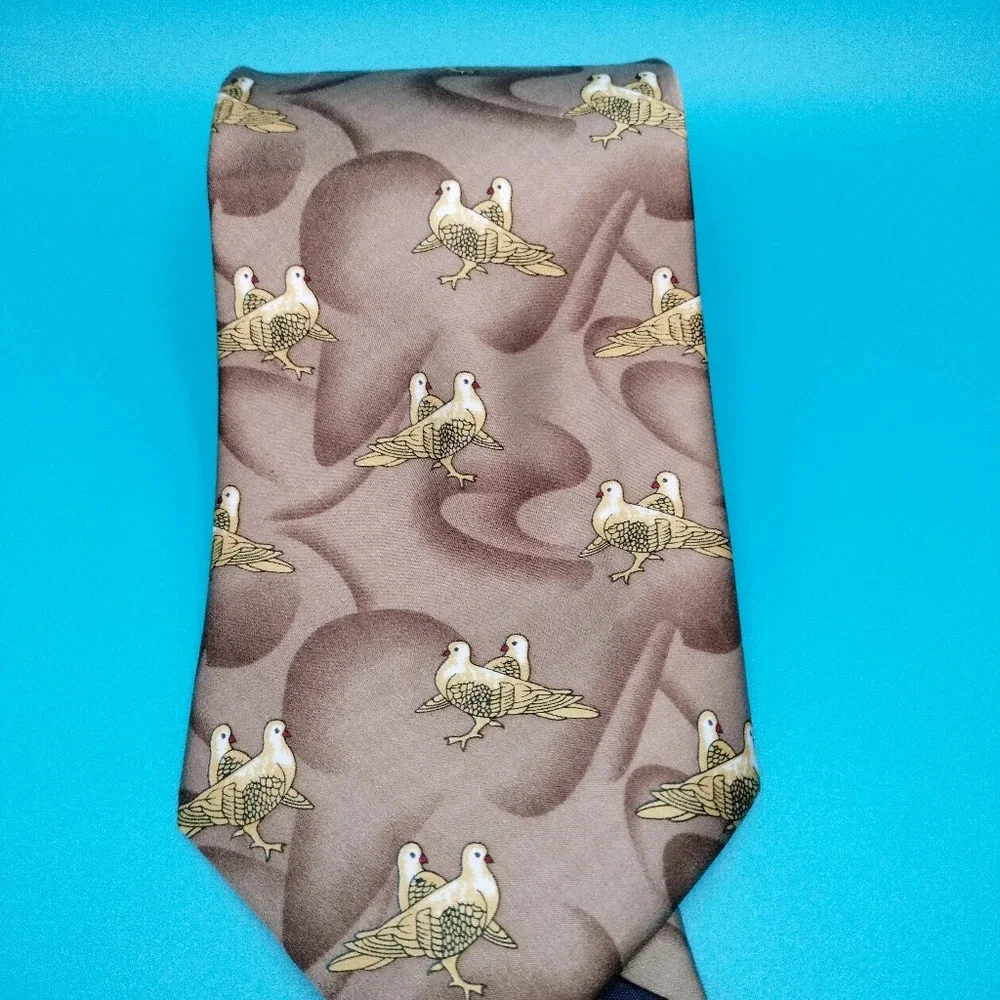 Kai Long Silk Tie Necktie Tan Brown Abstract Birds Handmade 56x4. B