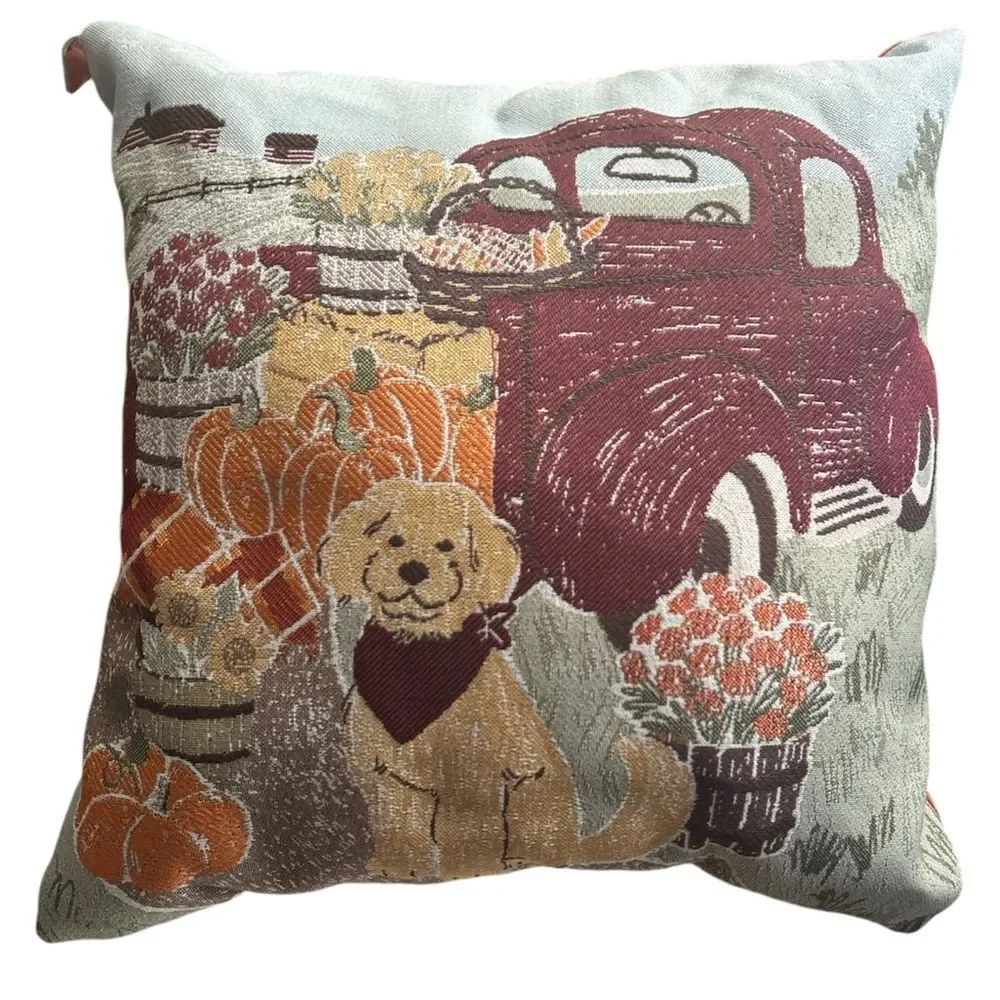 Autumn Harvest Throw Pillow with Dog and Truck Design