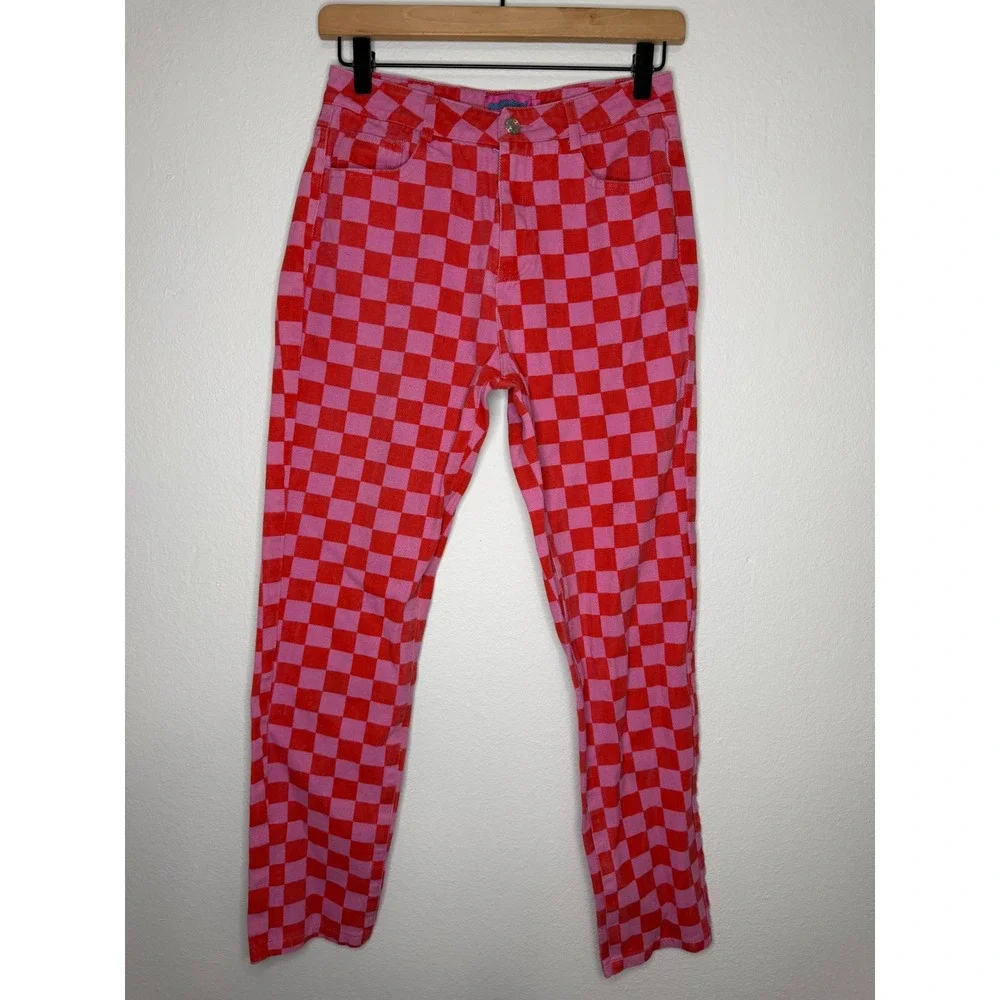 Edikted - Red and Pink Checkered Jeans 100% Cotton Dopamine Maximalist Size Sm