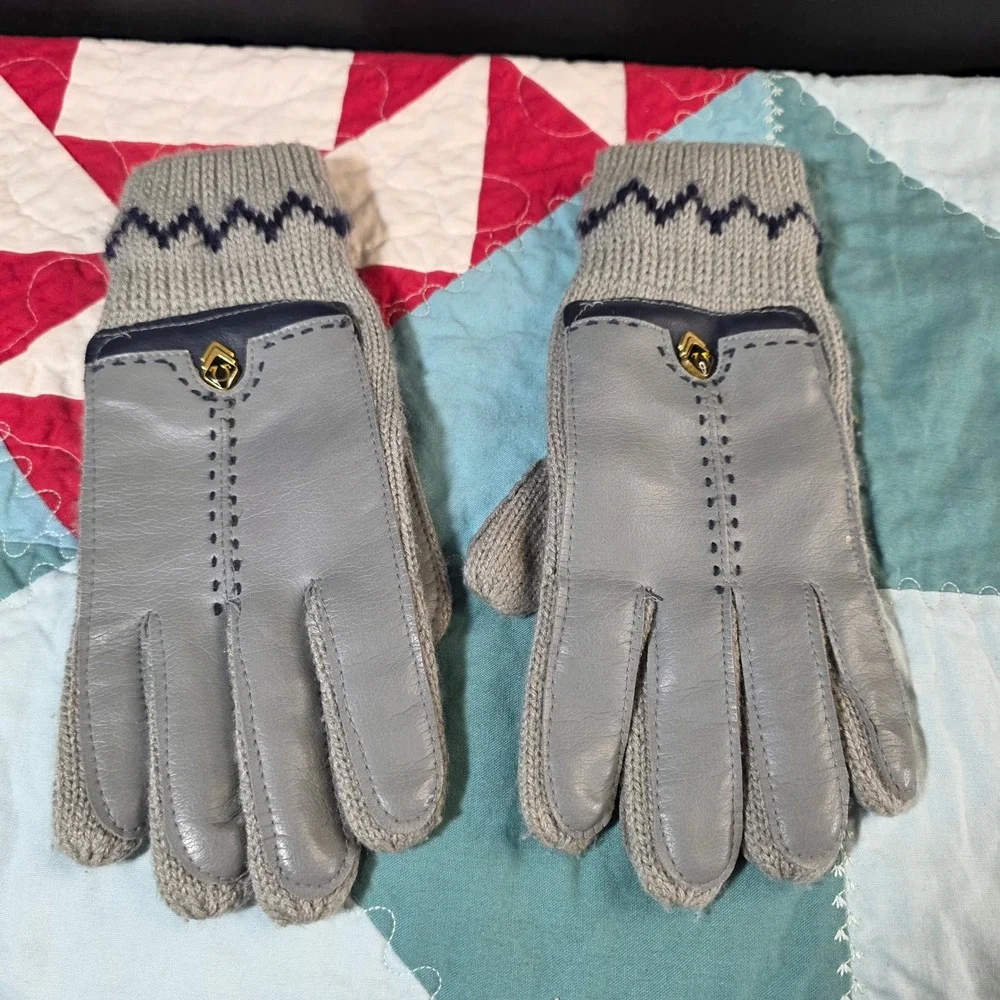 Vintage Leather Knit Gloves Women S/M Grey Navy Blue Winter Mixed Media