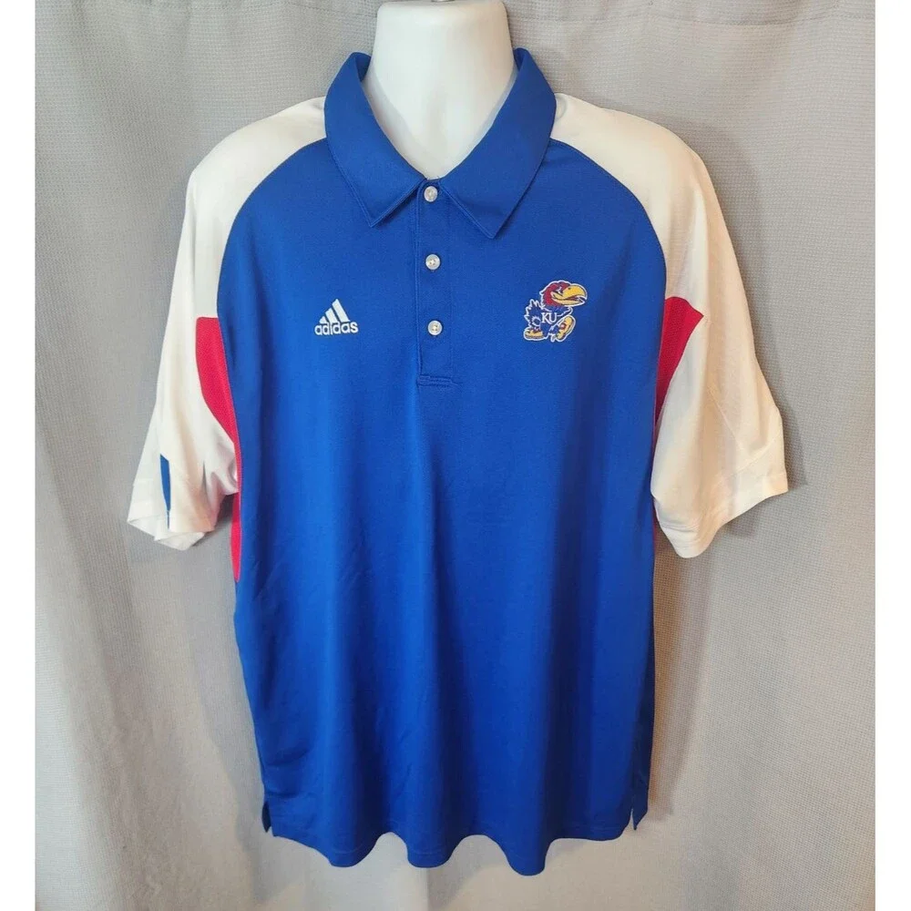 Adidas Kansas Jayhawks Polo Shirt ClimaCool Polyester Mens‎ XL Blue White Red
