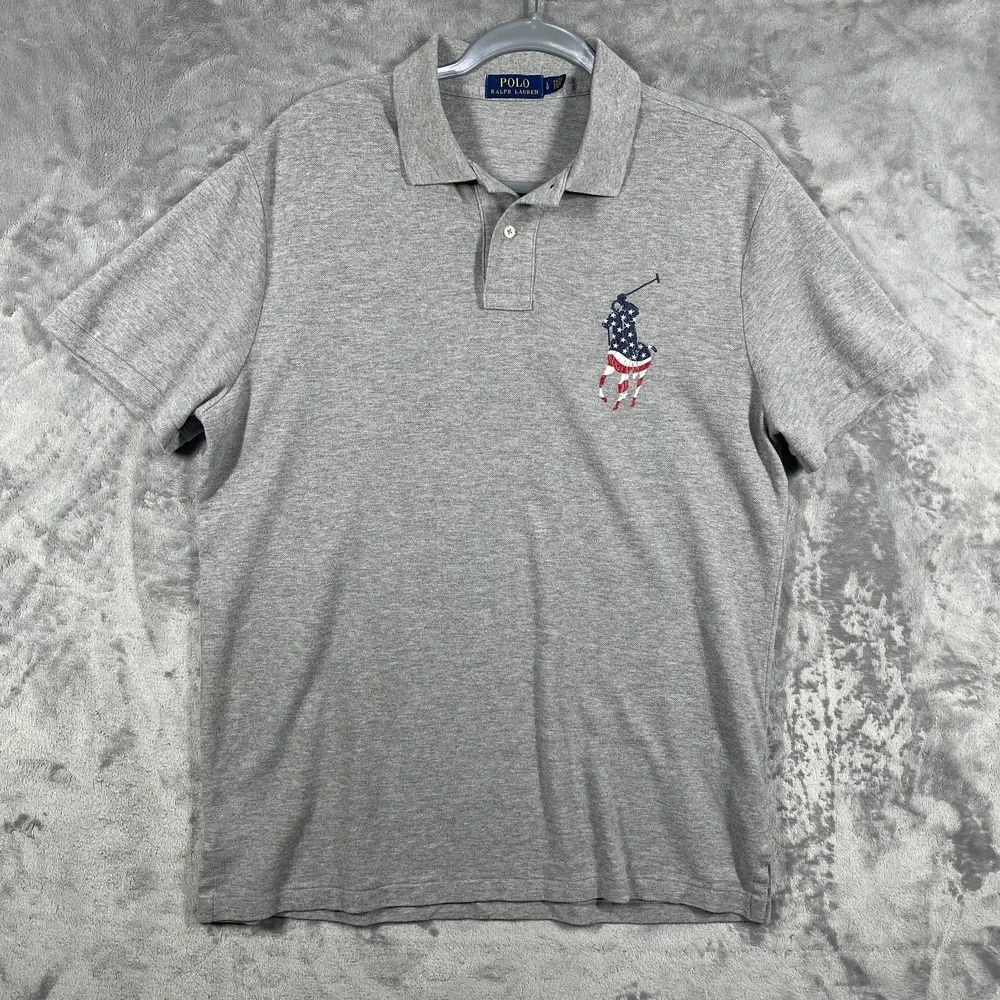 Polo Ralph Lauren Gray Short‎ Sleeve Polo Shirt American Big Pony Size Mens L