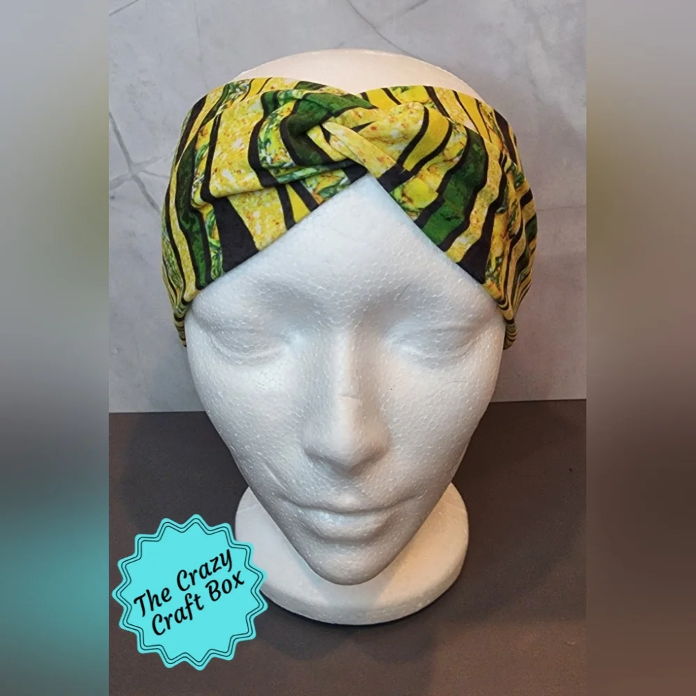 Lemon Print Twisted Knot Headband Yellow Green Black Wide
