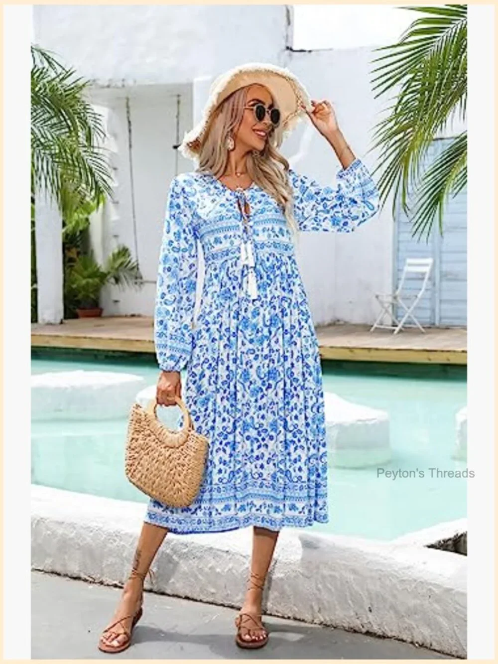 Long Sleeve Floral Print Retro V Neck Tassel Casual Bohemian Midi Dress