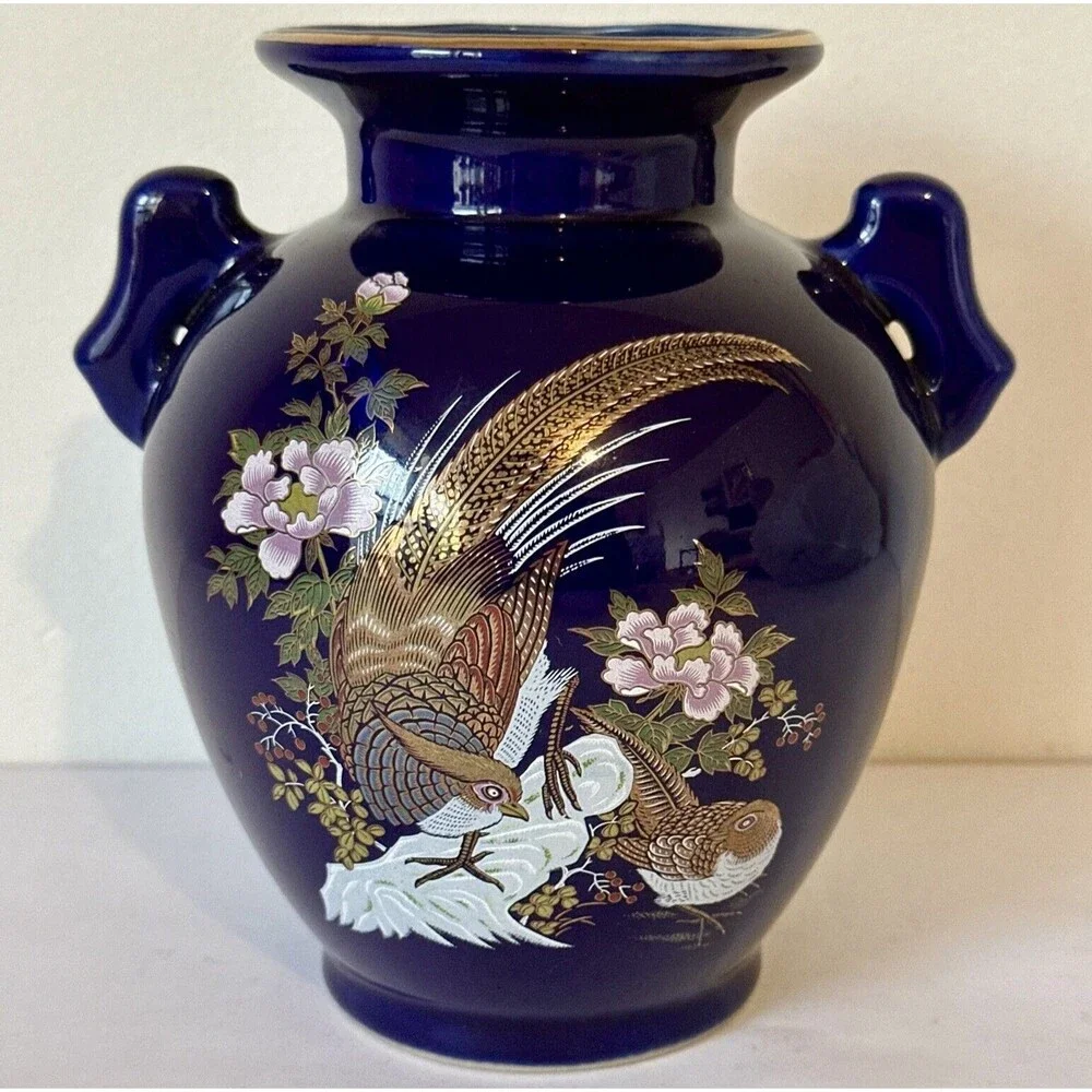 Vintage Japanese Pheasant Cobalt‎ Blue Vase Floral 6.75” Decor Collectible ￼