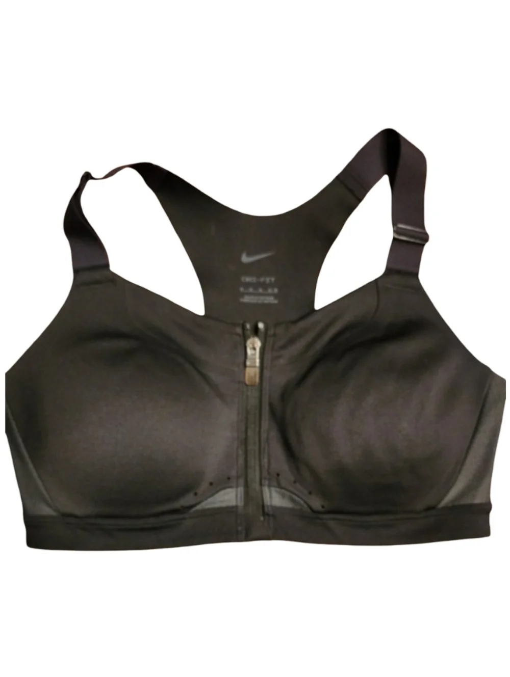 NIKE Women's Black Zip-Front Sports Bra Sz M Cup C-E Adjustable Laser Cut Fabric
