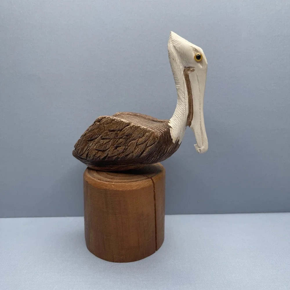 Vintage Brown Pelican‎ Statute Figurine on Wood Piling Nautical Coastal Decor