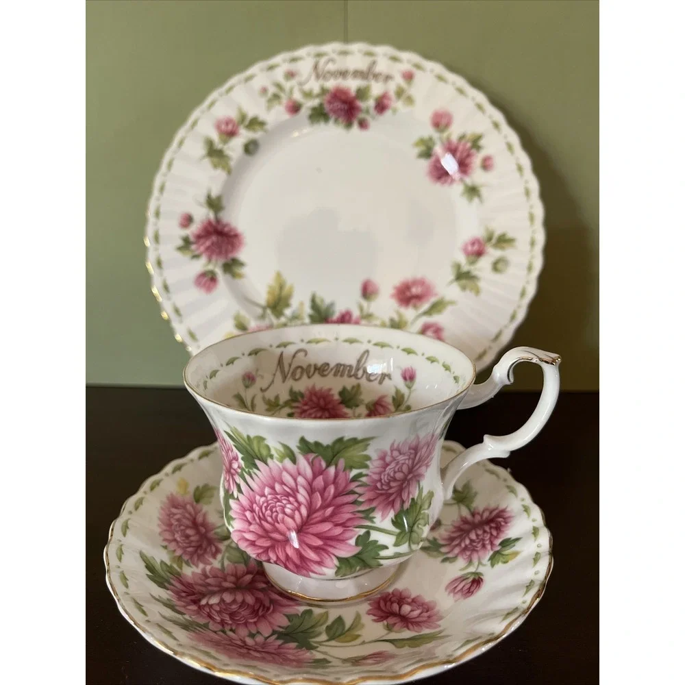 Royal‎ Albert Flower Month November Set Tea Cup Saucer Plate Chrysanthemum