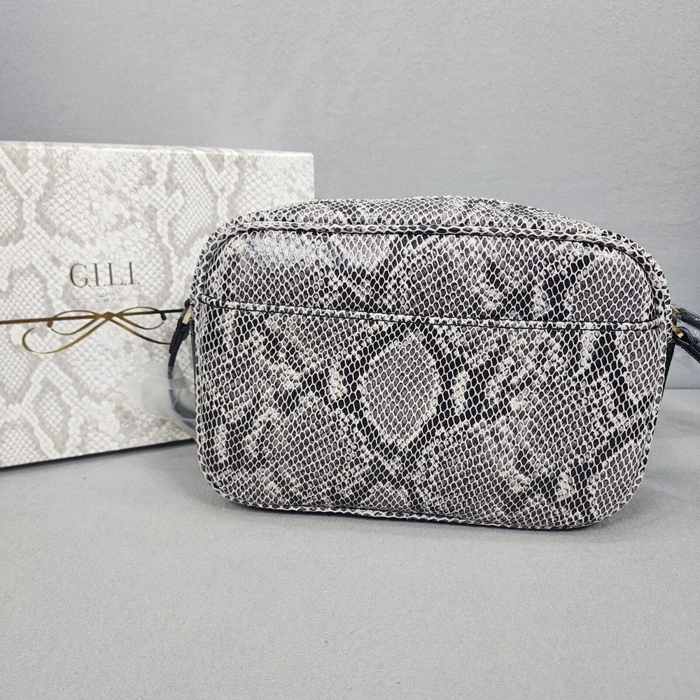 GILI Camera Bag Grey Snake Embossed Leather Crossbody Womens Small