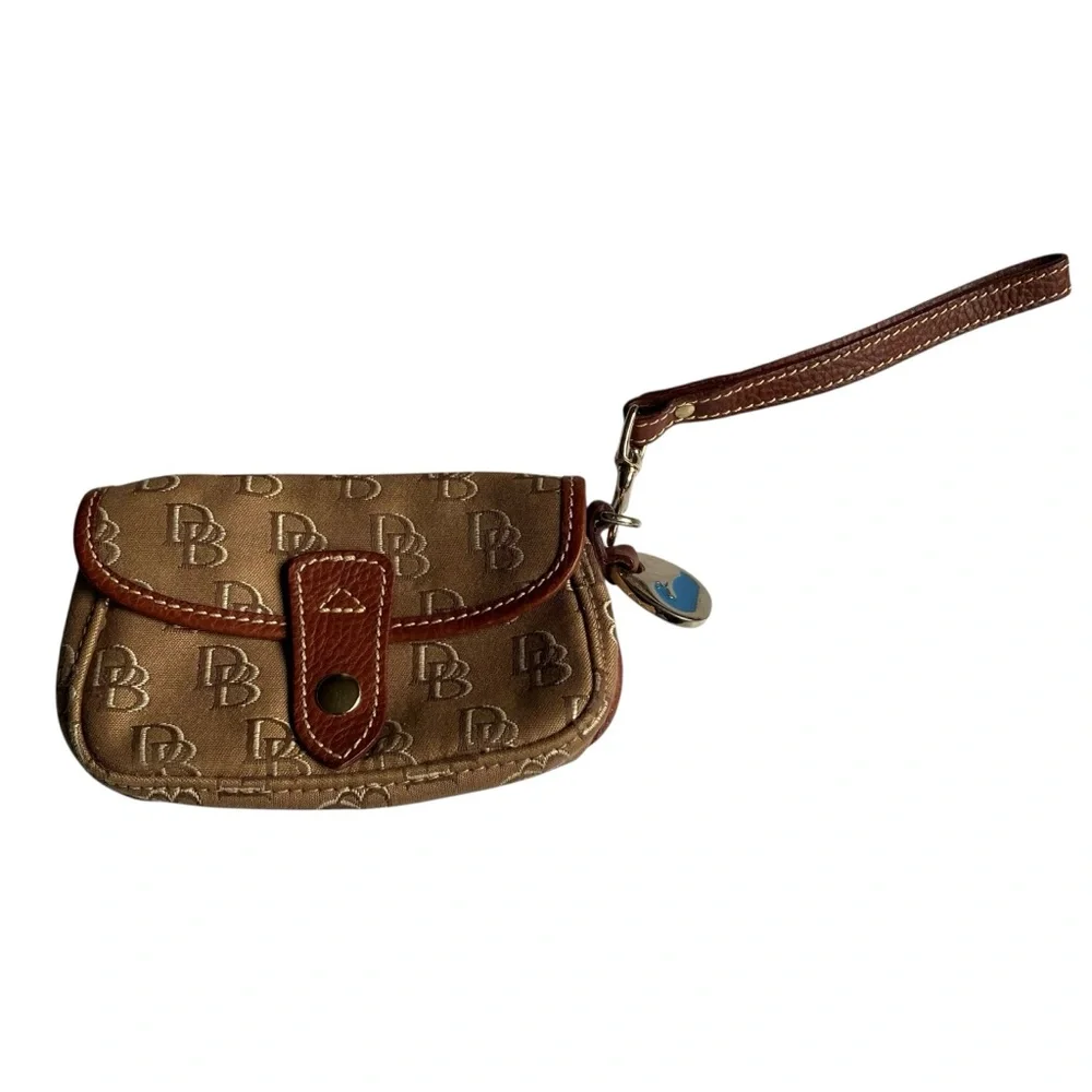 Dooney and Bourke signature logo tan leather and‎ brown monogram fabric wristlet
