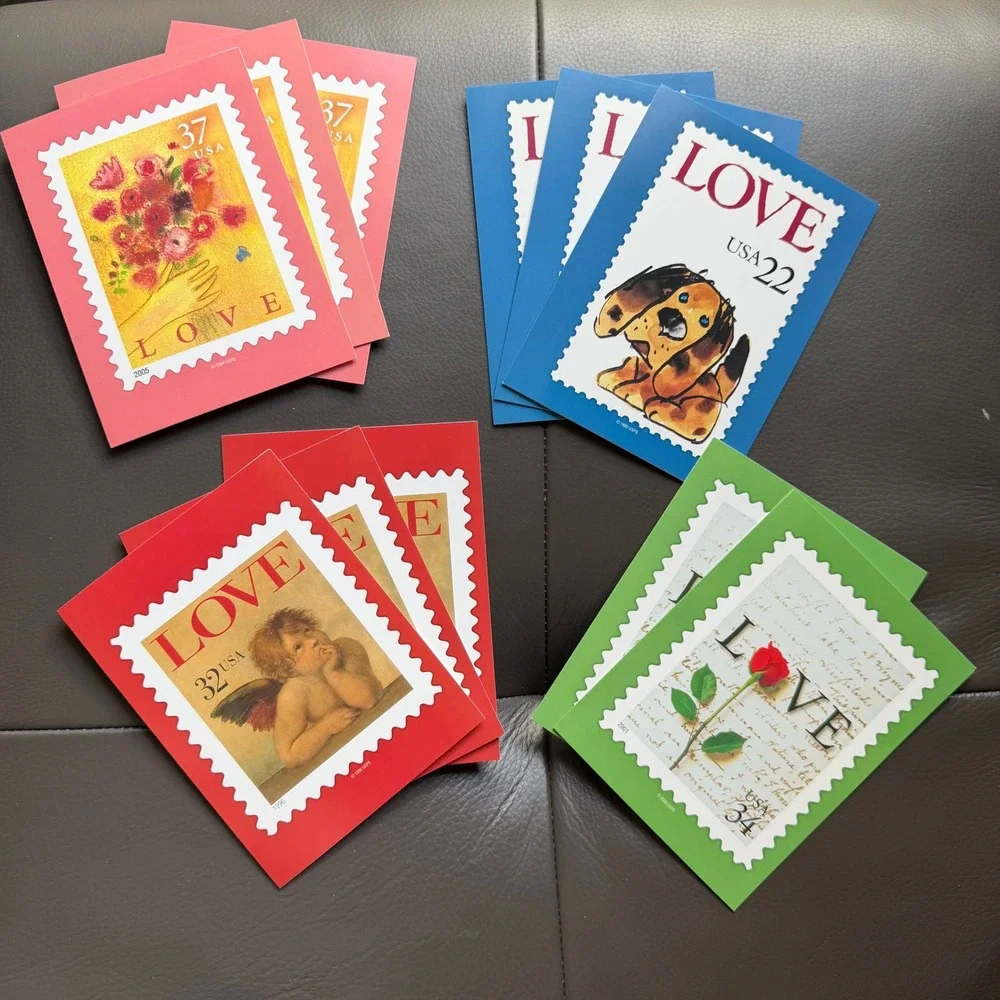 Vtg USPS Love Stamp Greeting Cards LOT of 11 USA Made Cherub Rose Puppy Bouquet