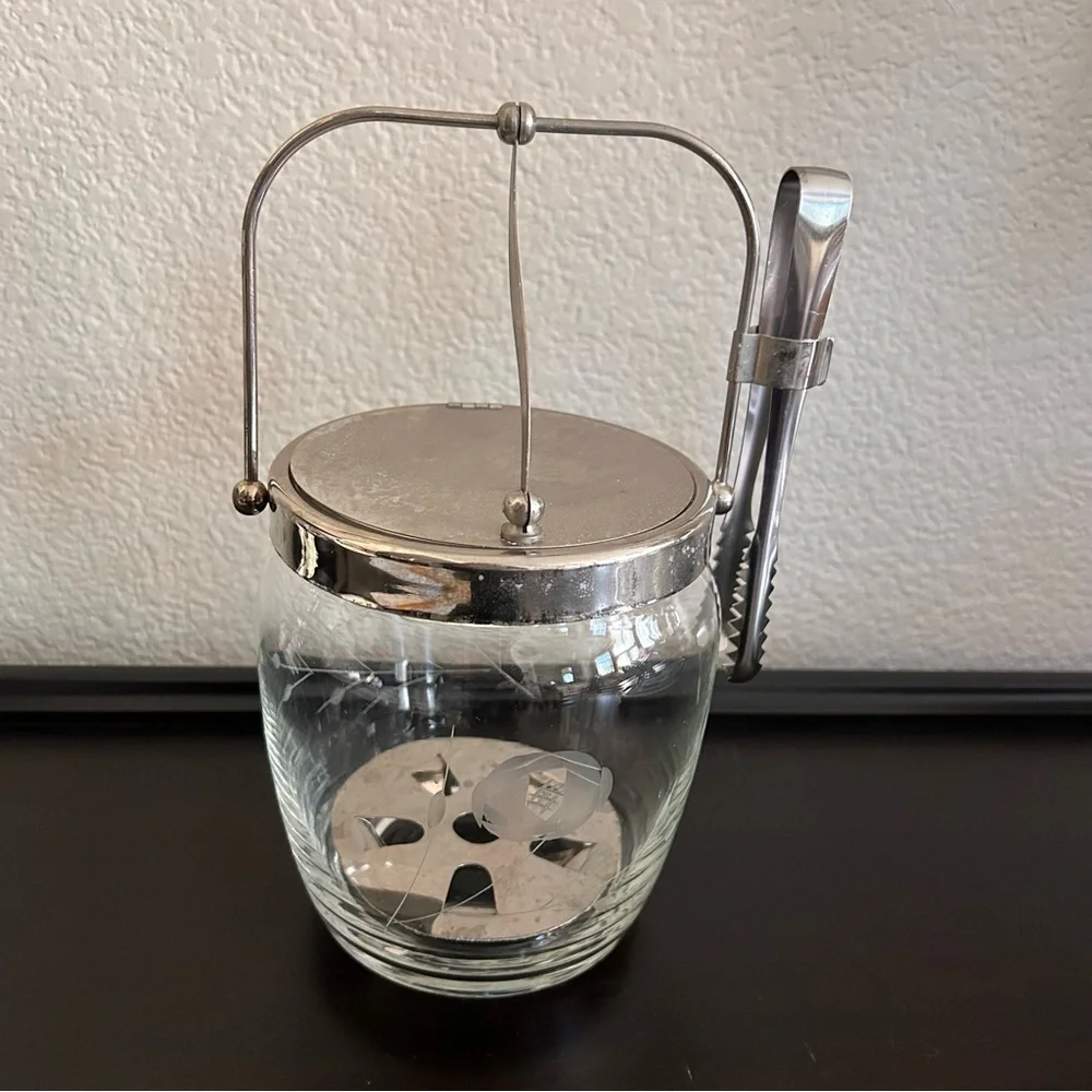 Vintage Mid-Century Modern Noritake Sasaki glass ice bucket etched floral tong