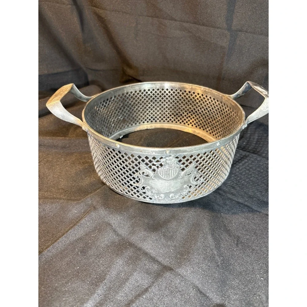 Antique Ornate Metal Basket with‎ Crest Handles Table Decor Collectible Accent