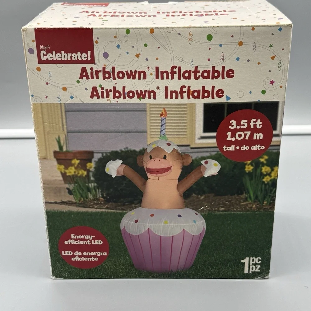 GEMMY Way To Celebrate Birthday Cupcake Monkey Lighted Inflatable 3.5 FT Yard