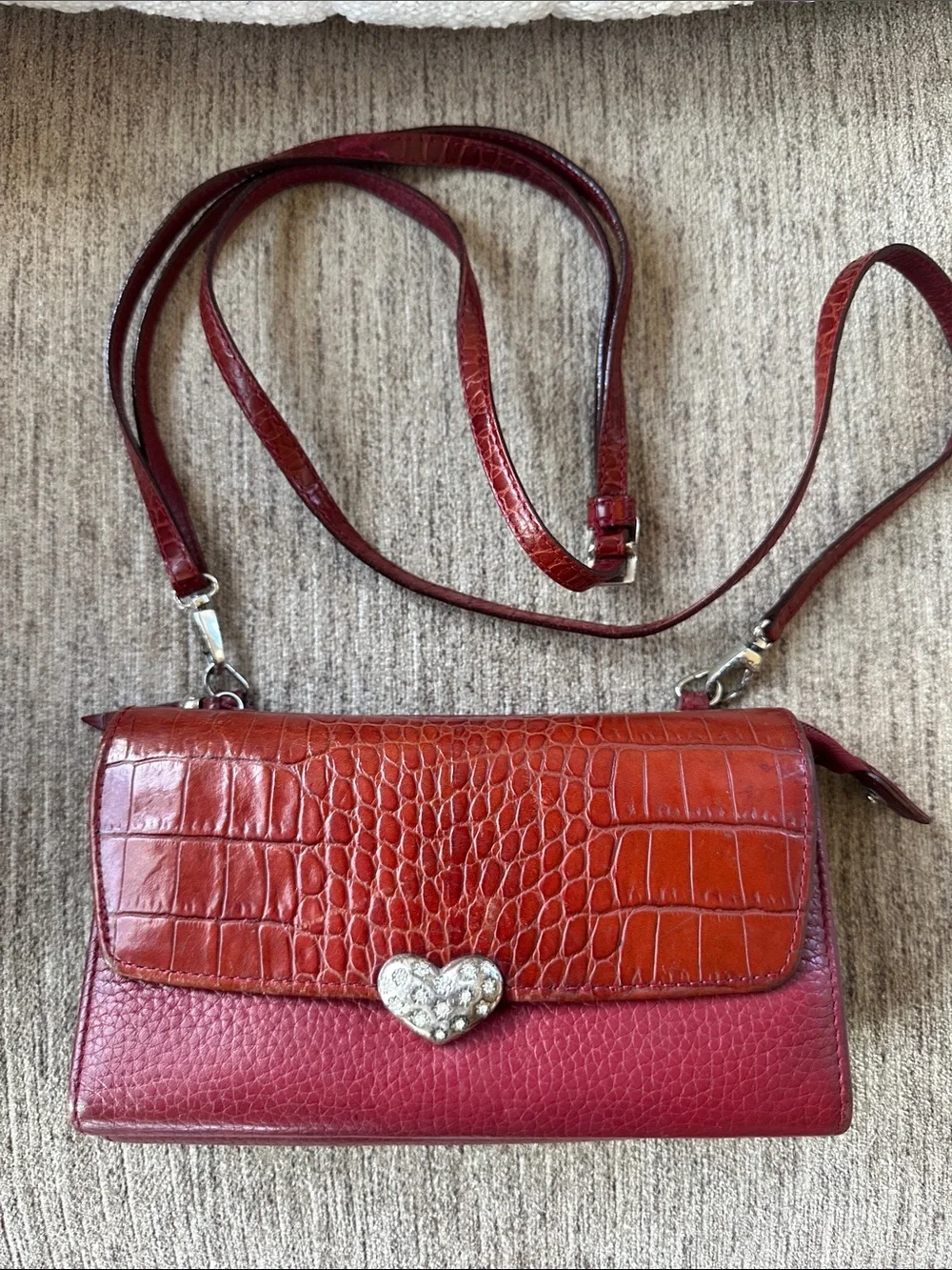 Brighton Red Croc-Texture Heart Clasp Crossbody Bag Y2K