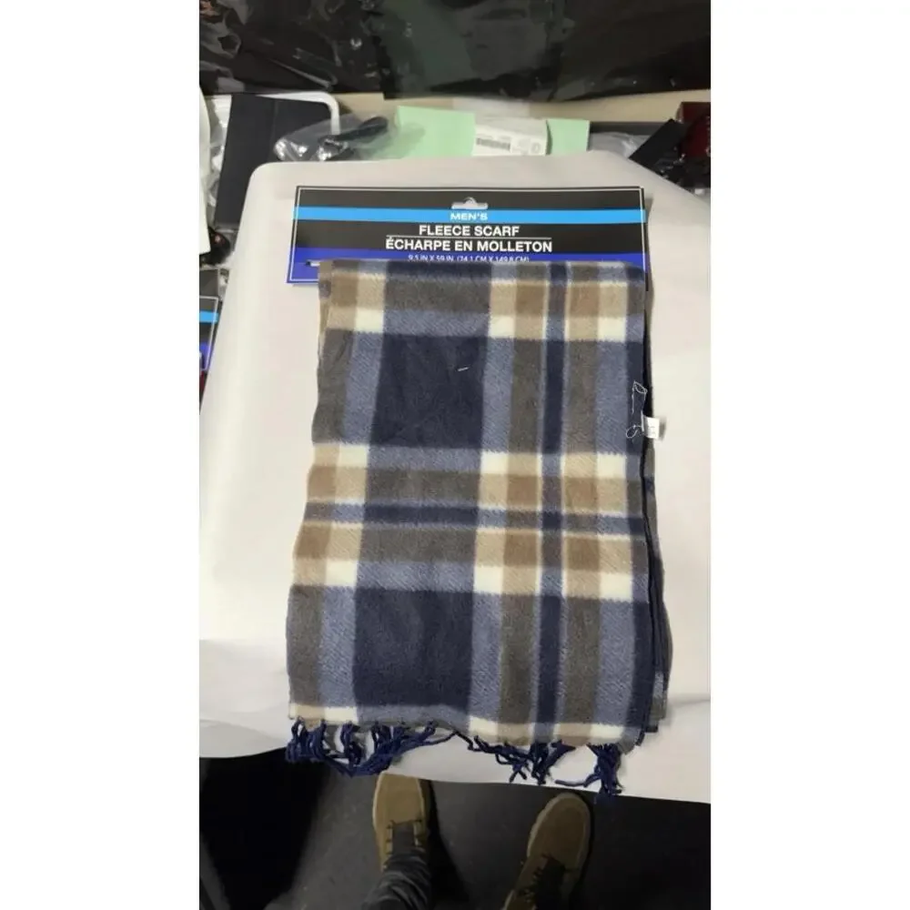 Men's Fleece Scarf Plaid Blue‎ Brown 9.5x59