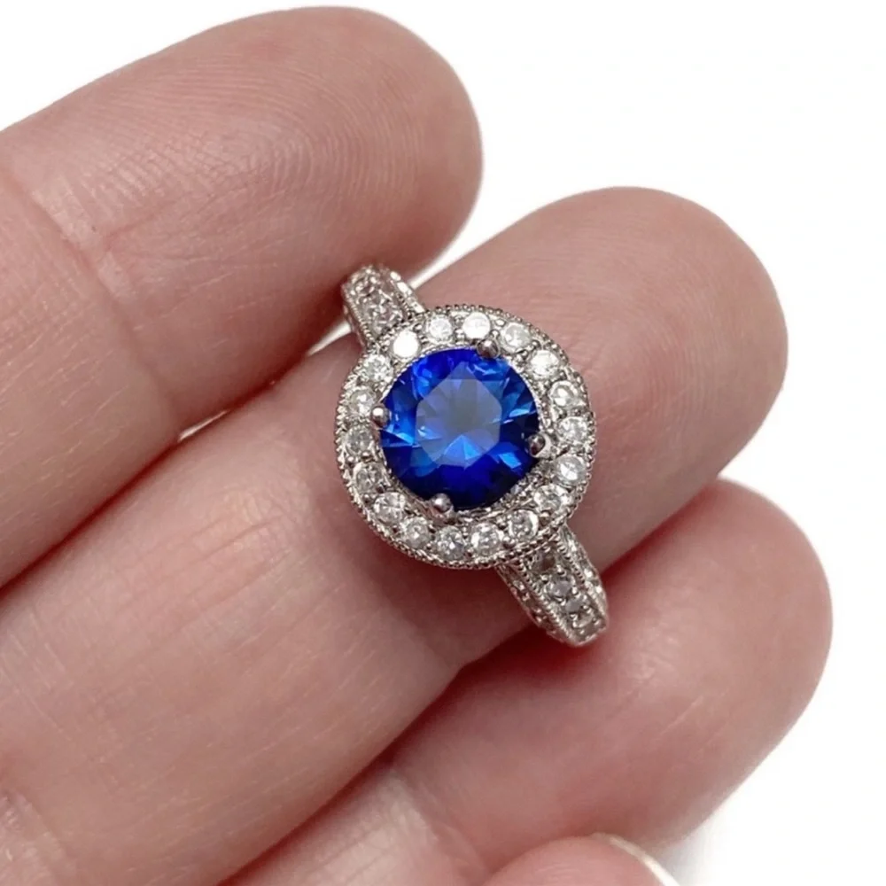 Sterling Silver Sapphire Engagement Ring with CZ Halo Size 7