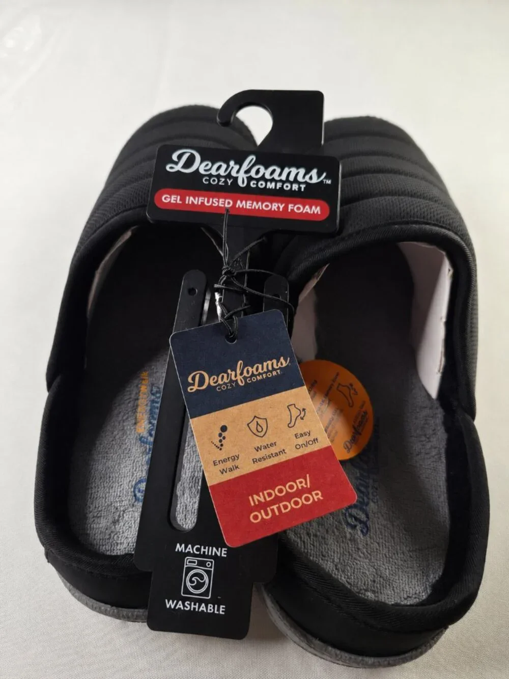 NWT Dearfoams Men’s Black Gel Infused Memory Foam Slide Slippers S 7-8