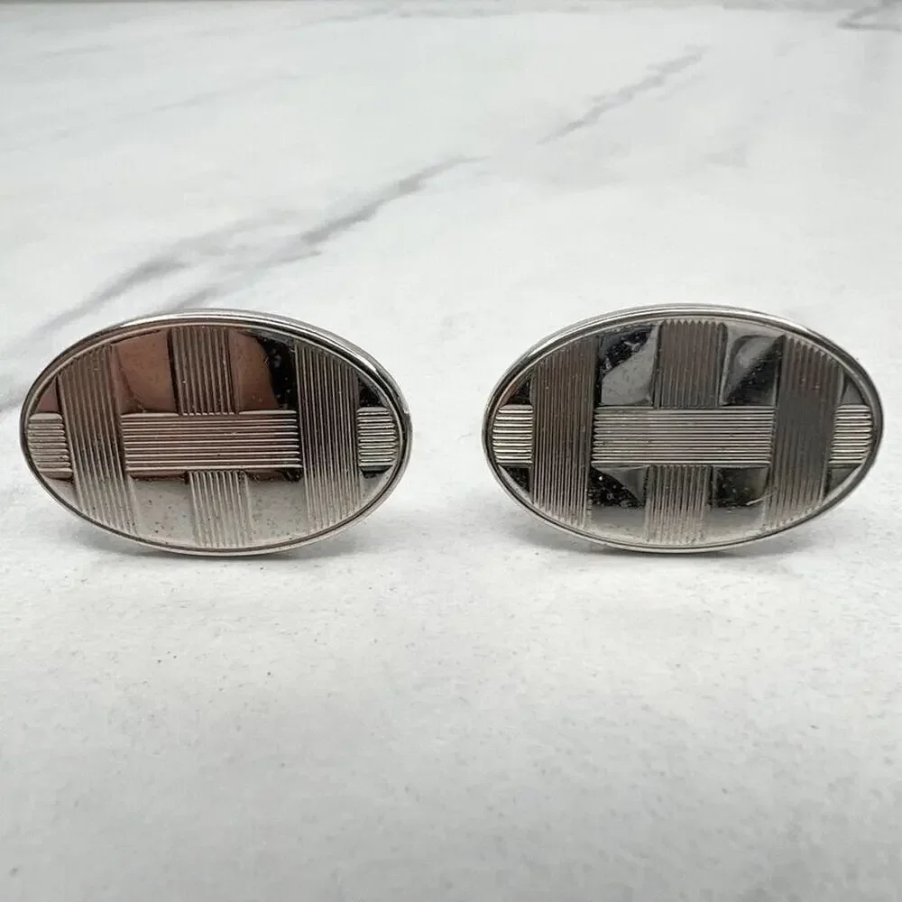 Silver Tone Oval Striped Cufflinks
