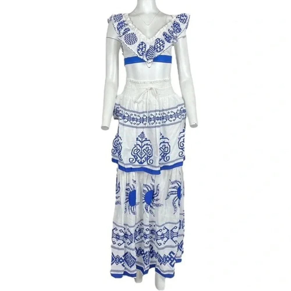 Blue White Tiered Maxi Skirt Set Ruffle Crop Top NWT
