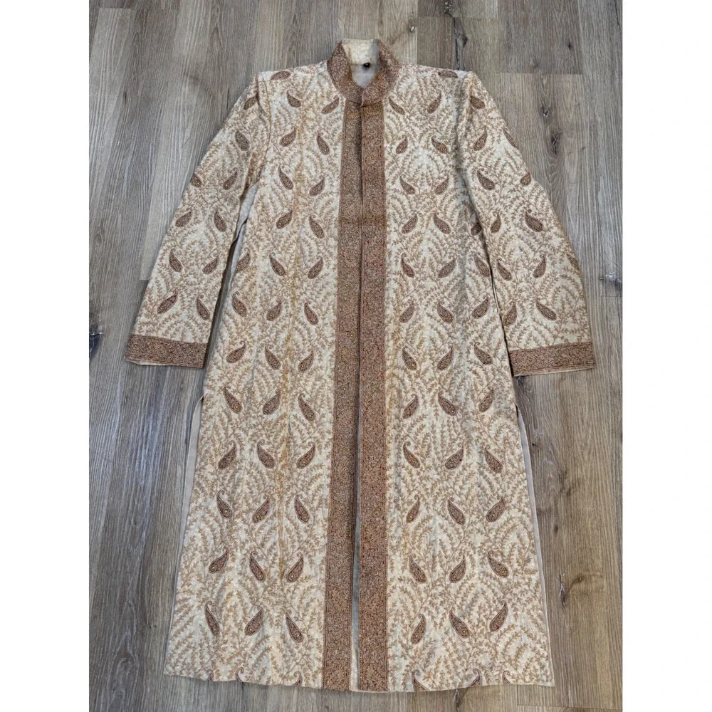 Sherwani Long Coat Mens 38 Cream Gold Paisley Embroidered Bollywood Desi Groom