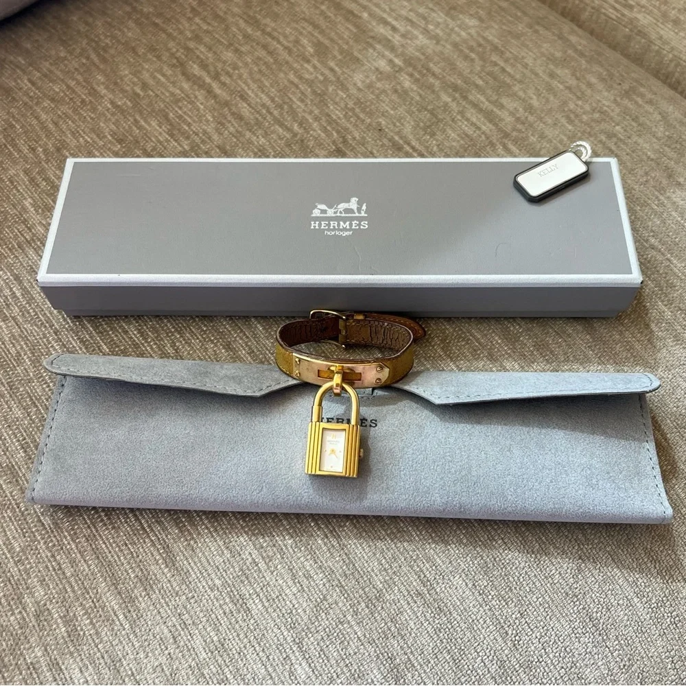 HERMES KELLY Watch Womens Gold Plated Yellow Leather Band