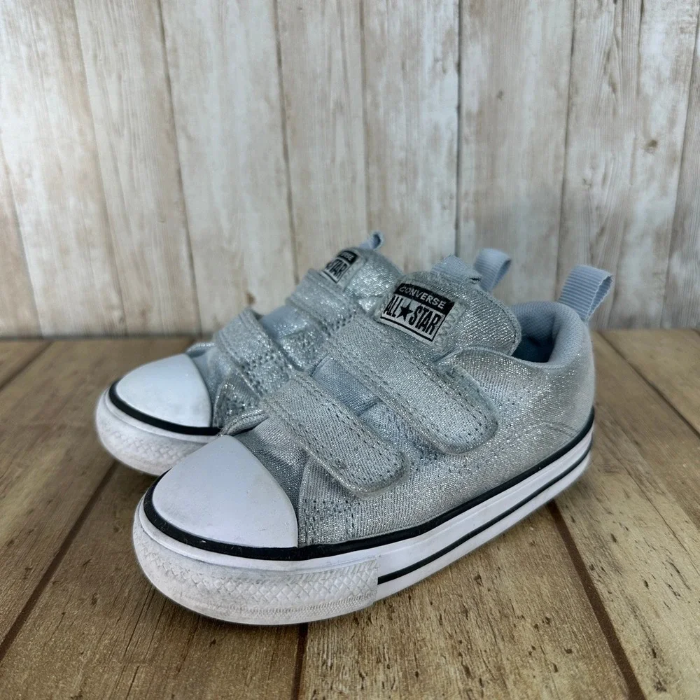 Converse All Star Chuck Taylor Silver‎ Glitter Hook & Loop Sneakers Kids Size 7