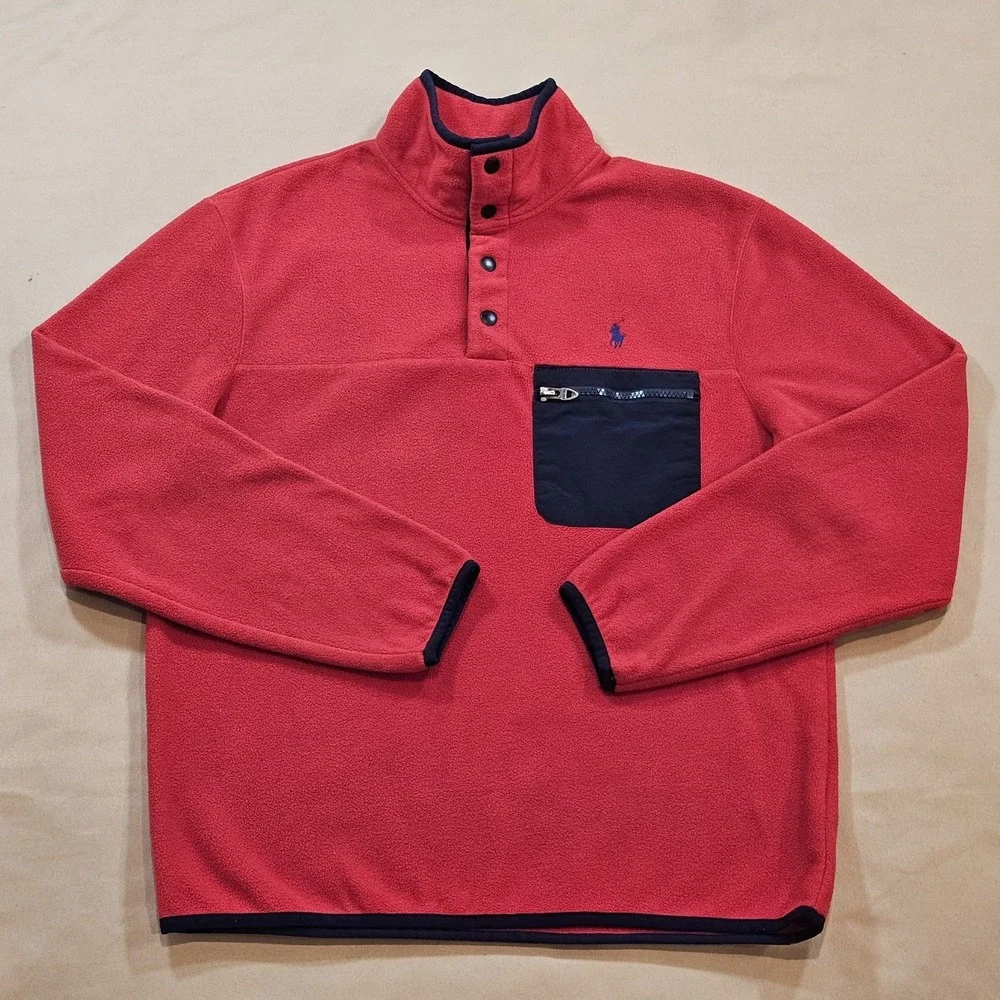 Polo Ralph Lauren Red Fleece Mens S‎ Sweater Mockneck Pullover 1/4 Snap Pockets