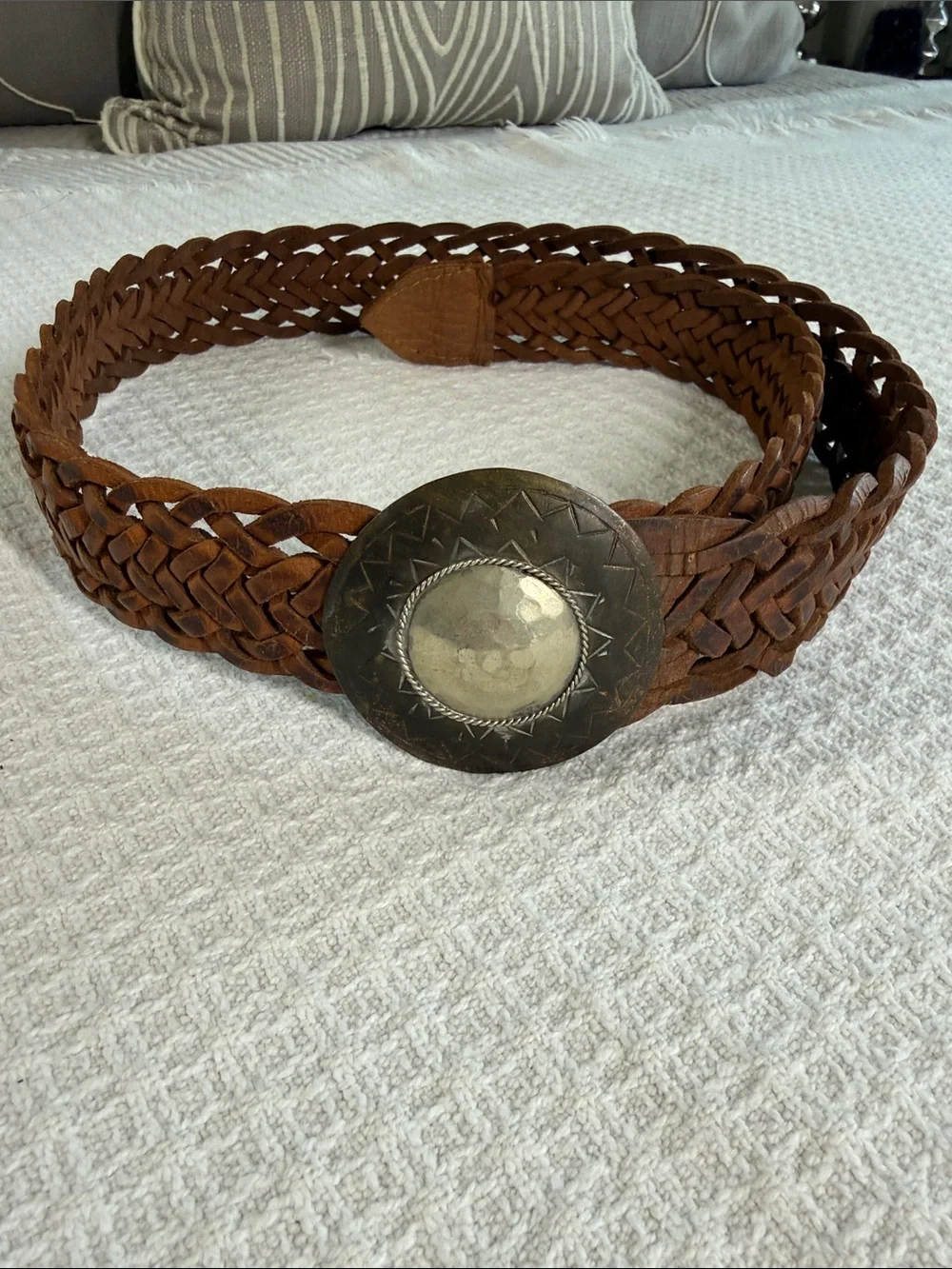 Braided leather belt with silver hammered buckle boho, western made in Morocco