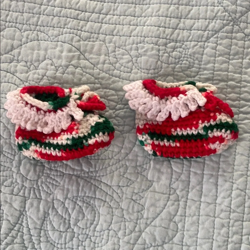 Vintage Red and Green Crochet Baby Booties