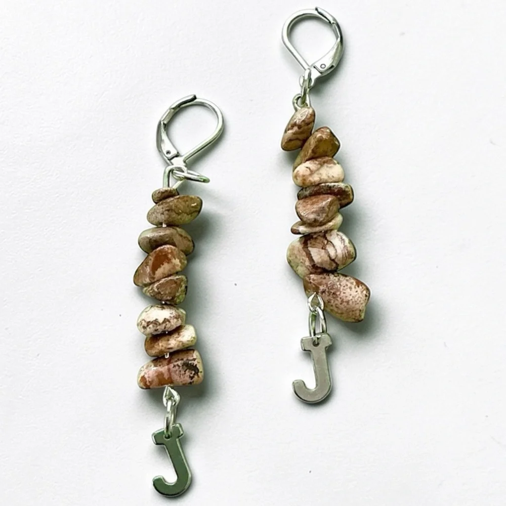 🆕 “J” Initial and Gemstones Dangle Earrings-Stainless Steel