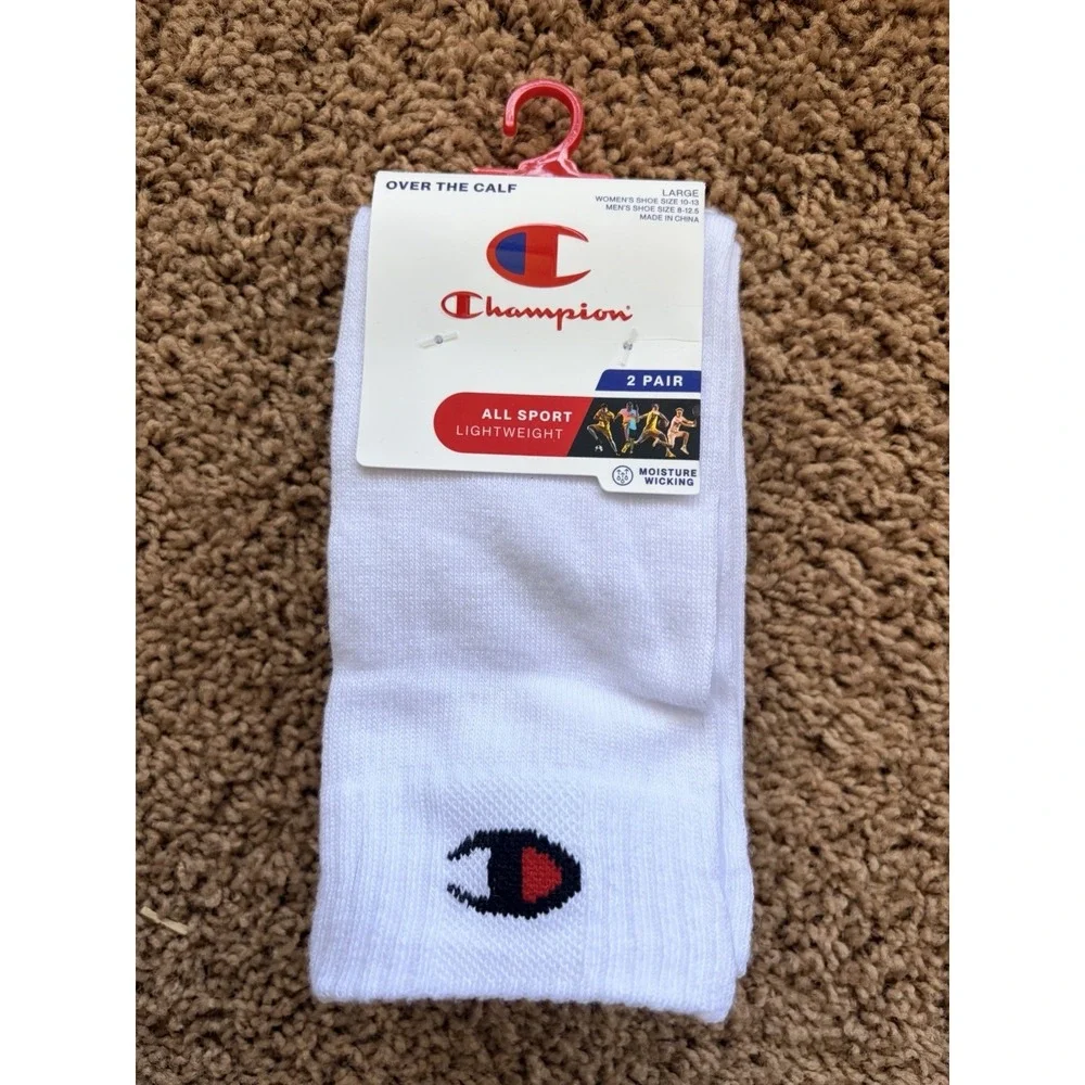 Champion White Lightweight Moisture Wicking Over the Calf Socks NEW - 2 Pack NWT