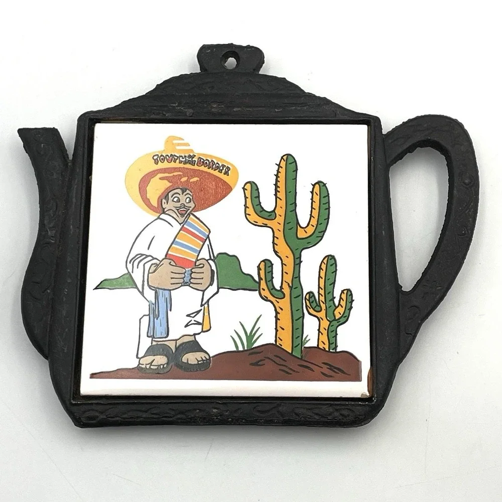 Vintage 1970s Cast Iron Teapot Trivet Mexican Cactus Tile South‎ of the Border