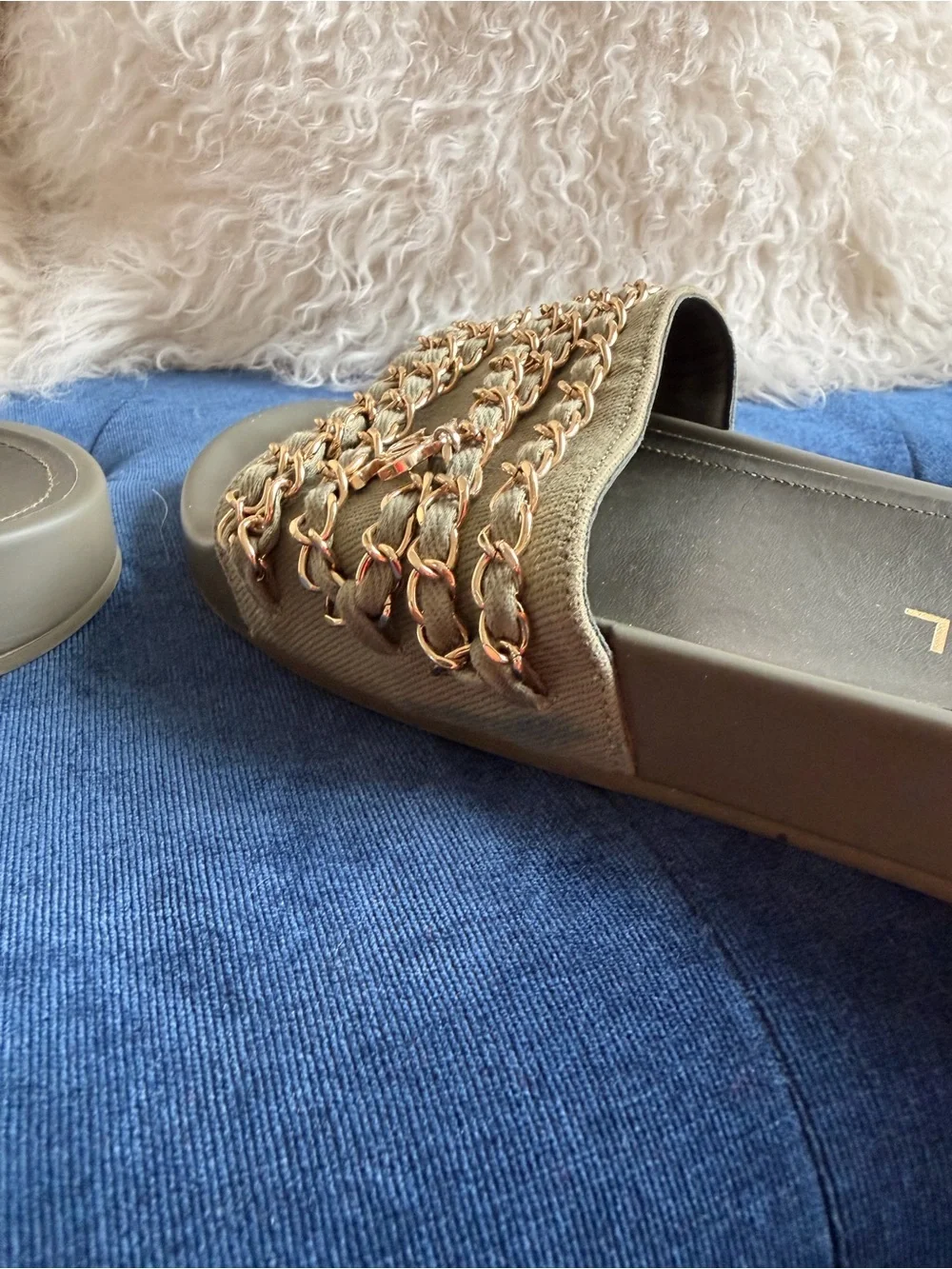 CHANEL Olive Green Chain-Embellished Slide Sandals