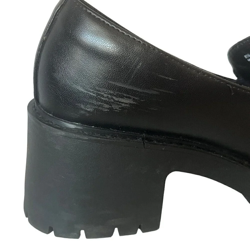 Womens 8.5 Chunky Platform Slip On Penny Loafer Black Faux Leather Lug Soles