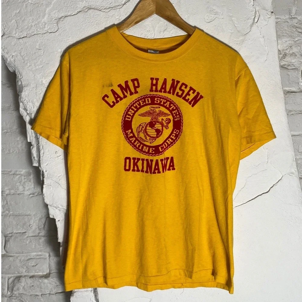 Vintage 1980s Marine Corp Camp Hansen Okinawa Felt Print Tshirt Mens‎ Medium