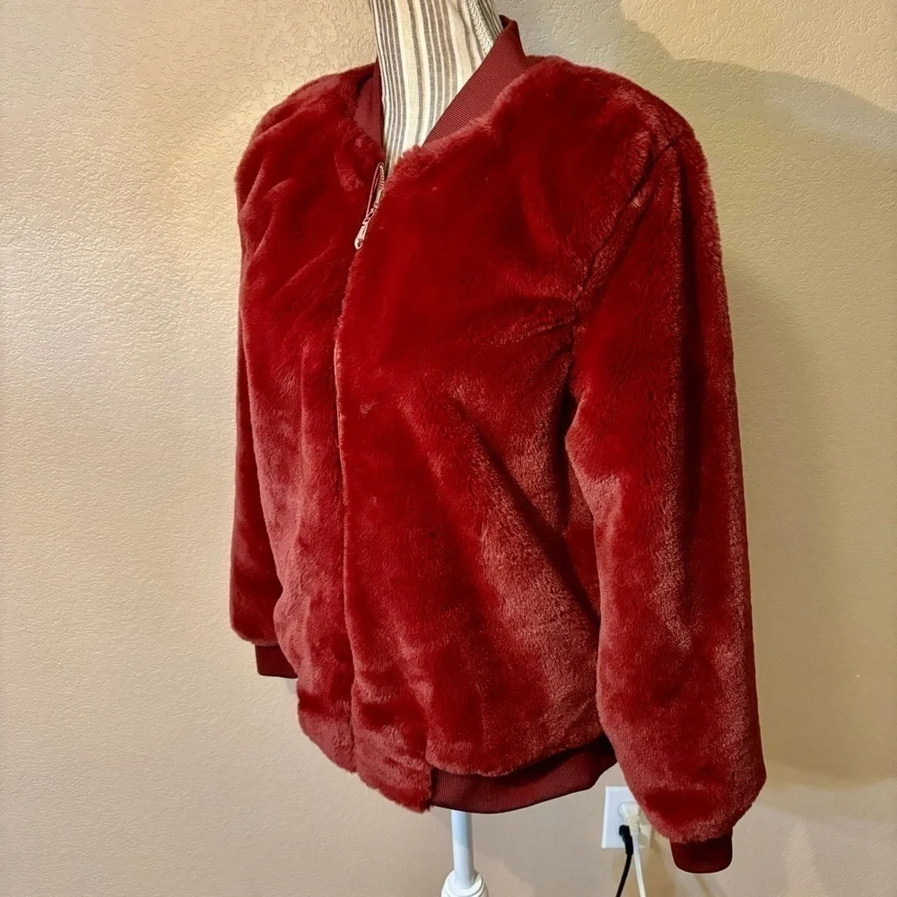 NEW Say What? Jacket Medium Faux Fur Maroon Red Teddy Bomber Jacket Cozy NWOT
