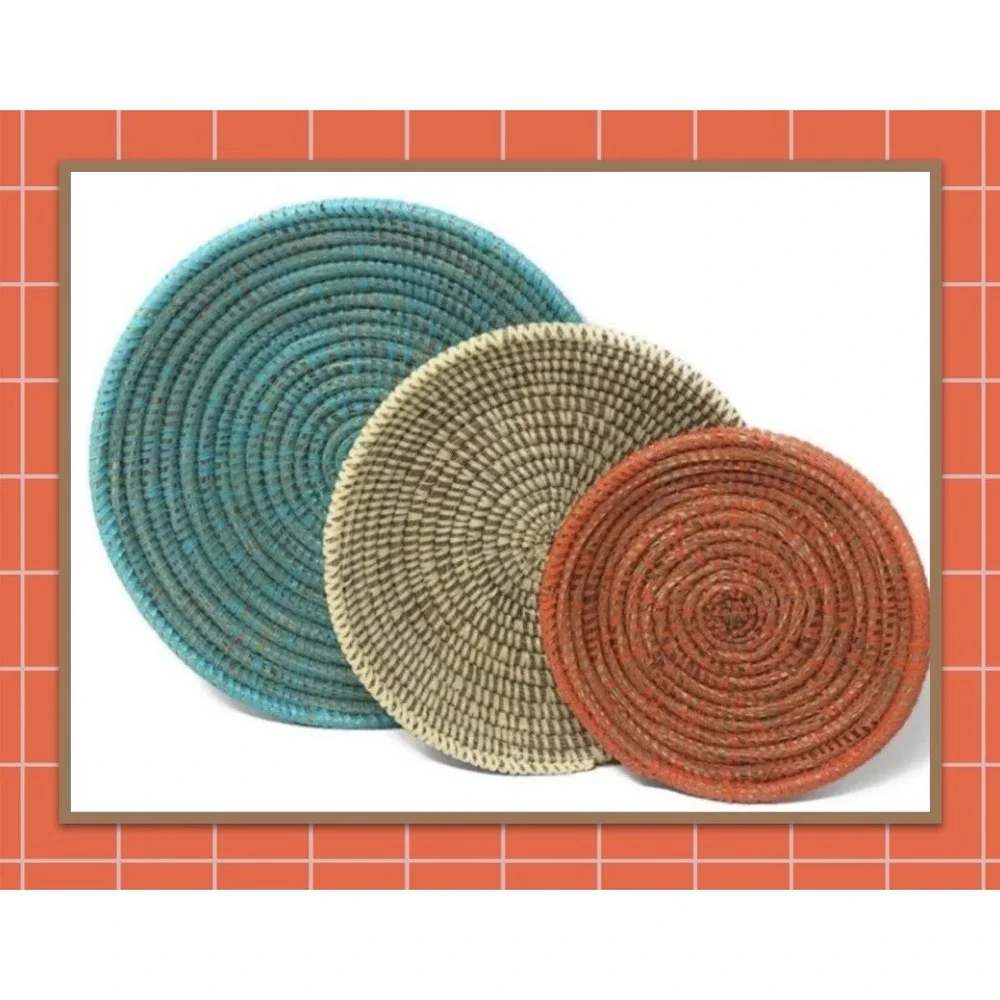 NEW FairTrade Set of‎ 3 African Handwoven Rattan Baskets Turquoise Orange Cream