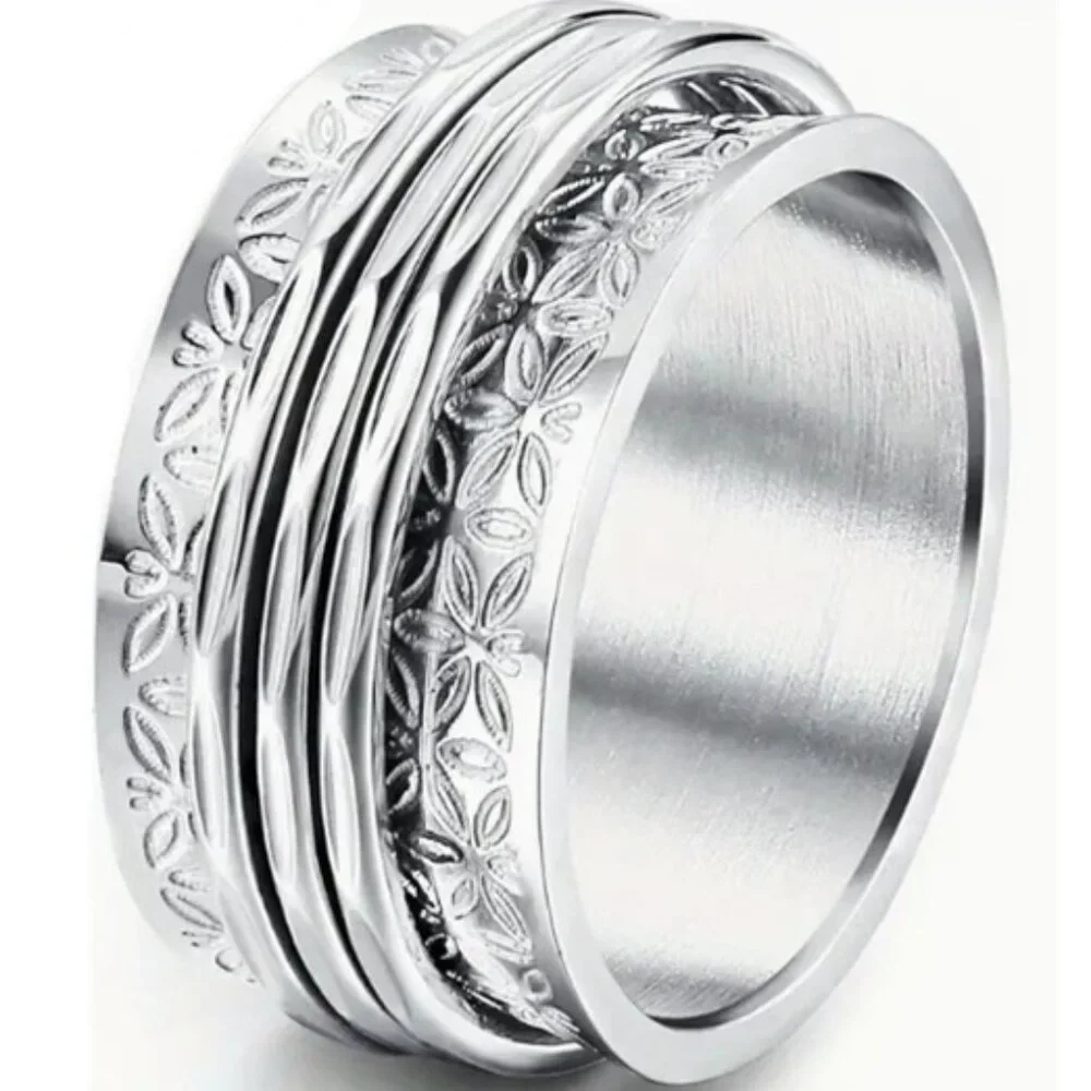 Vintage Boho Style Silver Wide Band Spinner Ring