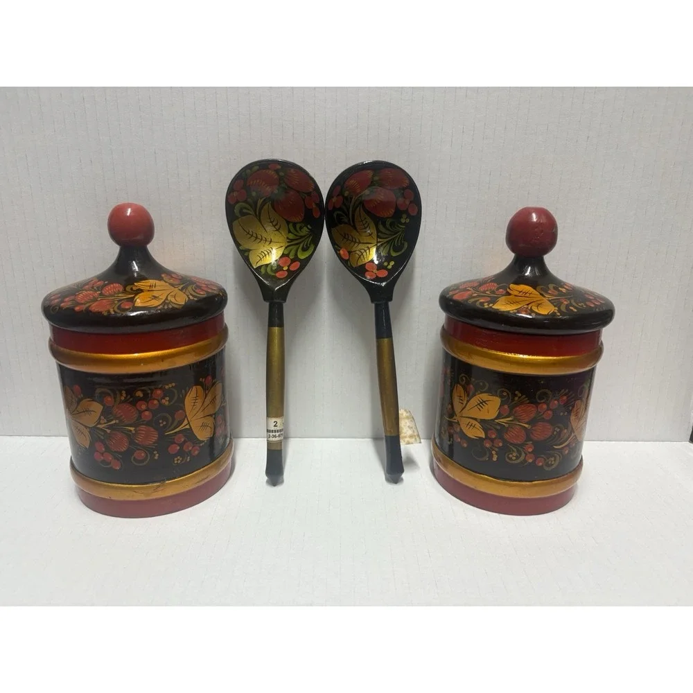 Vintage Russian Khokhloma‎ Jar  6.5 in tall Lidded Wood Lacquer plus 2 spoons