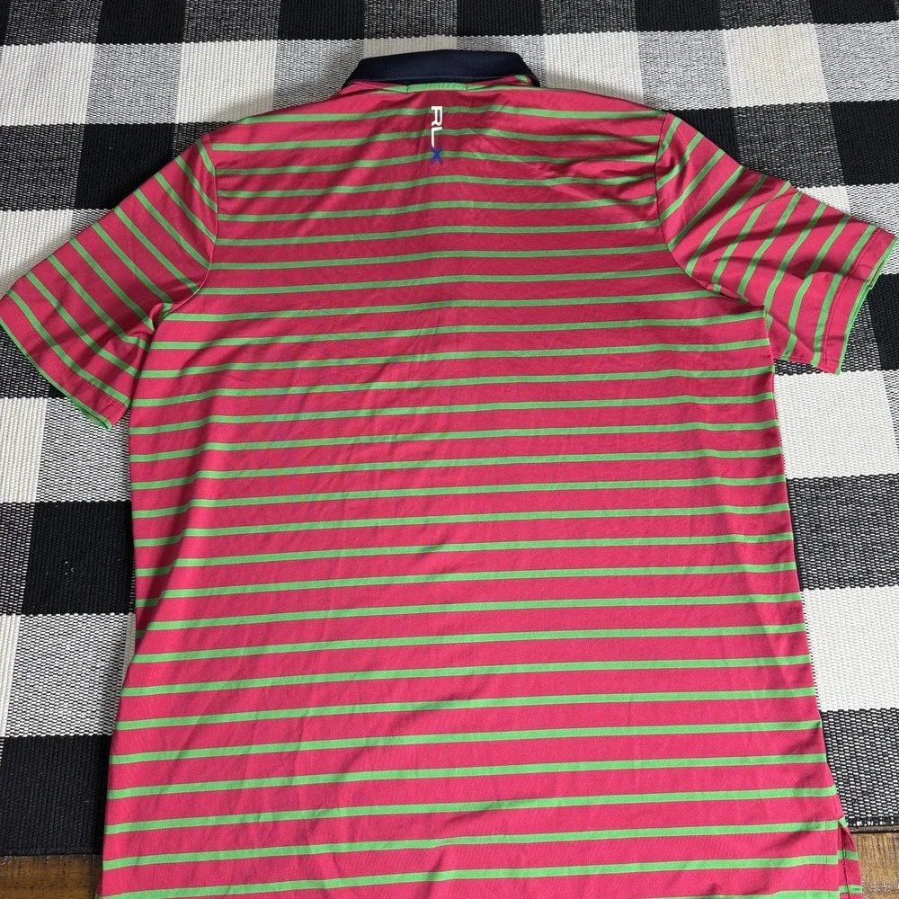 RLX Ralph Lauren Polo Shirt Mens L Fuchsia Green Stripe Performance Golf‎ Preppy