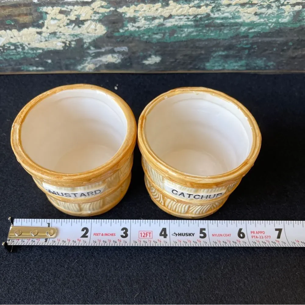 Monte Verde mustard ketchup bucket condiment jars hand painted 1982 Vintage